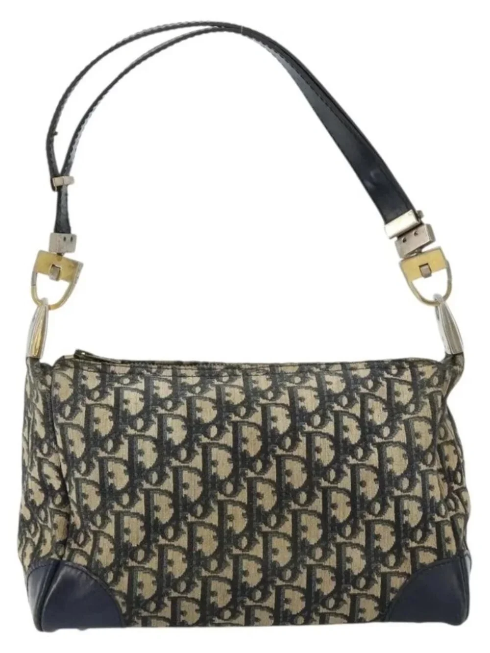 Christian Dior Trotter Canvas Shoulder Bag Navy Gold Auth - Picture 2 of 16